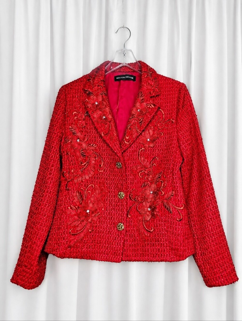 Boston Proper Red Embroidered Floral Beaded Rhinestone Textured Blazer Jacket
